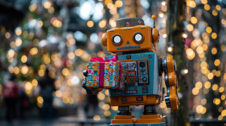 A charming vintage robot holds a colorful gift box, set against a backdrop of vibrant Christmas lights, embodying fun, nostalgia, and holiday cheer.の素材