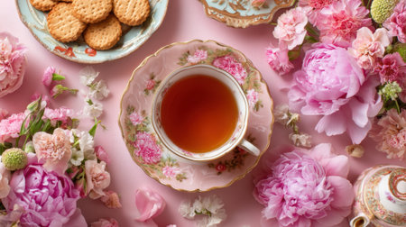 A charming tea time setup featuring a delicate cup surrounded by blooming flowers and cookies. Perfect for relaxation and enjoyment in a pastel-themed setting.の素材