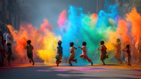 A lively scene of children running joyfully amidst colorful powder clouds during a festival, capturing the essence of joy, culture, and playful spirit.の素材