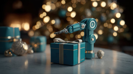 A charming robotic arm carefully decorates a beautifully wrapped gift box, perfectly capturing the festive spirit of the holiday season. The warm bokeh background enhances the cheerful atmosphere.の素材