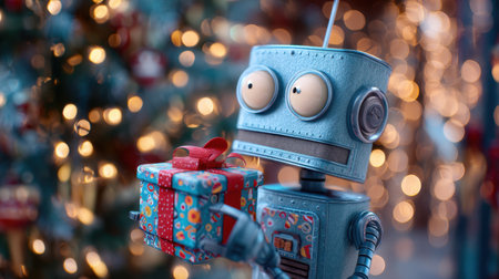 This delightful vintage robot holds a beautifully wrapped gift, embodying the joy of the holiday season against a backdrop of sparkling lights and festive decorations.の素材