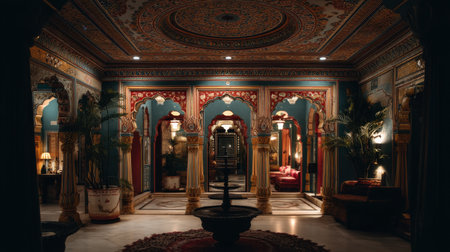 This stunning interior captures the beauty of traditional Indian palace architecture, featuring intricate patterns, rich colors, and an elegant fountain centerpiece.の素材