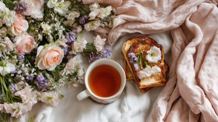 A serene morning scene featuring a cup of tea, a slice of toast with fresh toppings, and a beautiful arrangement of flowers. Perfect for a cozy breakfast aesthetic.の素材