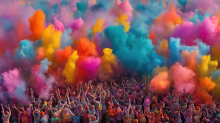 A lively scene of a colorful festival where a diverse crowd celebrates with clouds of vibrant powder. The air is filled with joy and energy, emphasizing togetherness.の素材