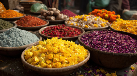 A vibrant assortment of spices and flower petals displayed in baskets at a bustling market. The bright colors and textures evoke a sense of culture and tradition.の素材
