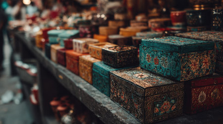 A vibrant display of colorful handcrafted decorative boxes on a market stall, showcasing intricate designs and unique patterns. Perfect for artists and enthusiasts.の素材