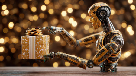 A futuristic robot delicately points at a gift box, featuring golden decorations. The background glows with warm bokeh lights, creating a festive atmosphere.の素材