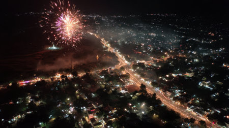 Capture the dazzling scene of fireworks lighting up the night sky over a lively city. The vibrant colors reflect the energy and celebration, showcasing a festive atmosphere.の素材