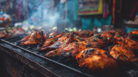Juicy grilled chicken fills the barbecue grill at a bustling outdoor street food market, surrounded by delicious aromas and vibrant colors.の素材