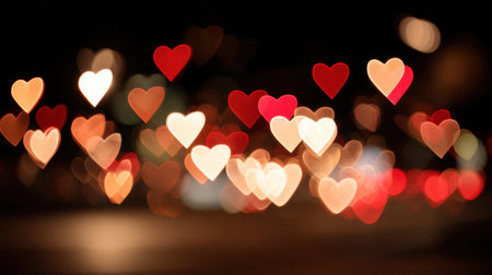 This image features soft heart-shaped bokeh lights in warm colors, creating a romantic and dreamy atmosphere perfect for celebrating love or special moments.の素材