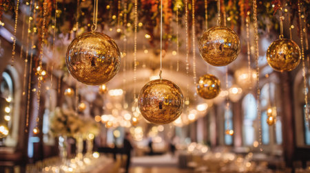 A stunning event hall adorned with shimmering golden baubles and elegant decor. The warm ambiance invites celebration with a touch of luxury and style.の素材