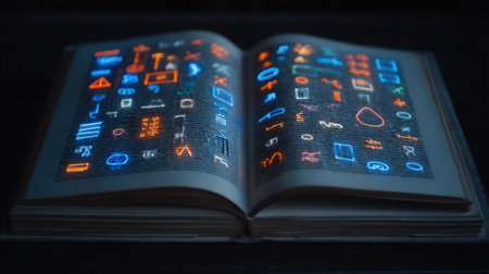 An open book features vibrant glowing symbols and patterns, set against a dark background. This captivating image represents innovation, creativity, and the endless pursuit of knowledge.の素材