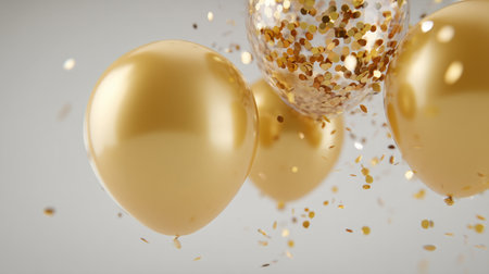 Capture the spirit of celebration with this stunning image of golden balloons and shimmering confetti. Perfect for festive occasions and joyful events.の素材