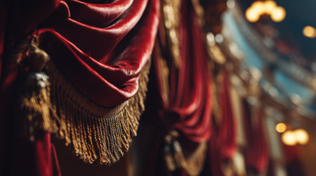 Close-up view of a luxurious red velvet curtain with golden fringes, enhancing the theater ambiance. The intricate texture and elegant draping invite admiration.の素材