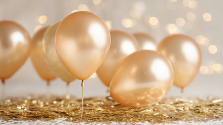 A stunning arrangement of elegant gold balloons set against a sparkling background, perfect for festive celebrations, parties, and special events, creating a festive atmosphere.の素材