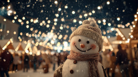 A charming snowman stands cheerfully amidst glowing holiday lights, creating a joyful winter atmosphere. The background features a bustling festive market scene.の素材