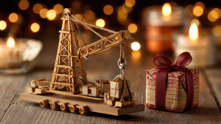 A charming wooden crane model is paired with a beautifully wrapped gift box against a backdrop of soft candle light, creating a warm and inviting holiday atmosphere.の素材