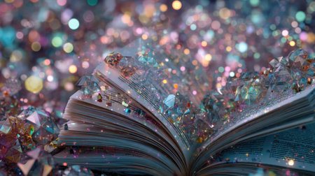 An open book lies amidst a dazzling array of crystals and sparkling lights, creating a magical and whimsical scene that inspires creativity and imagination.の素材