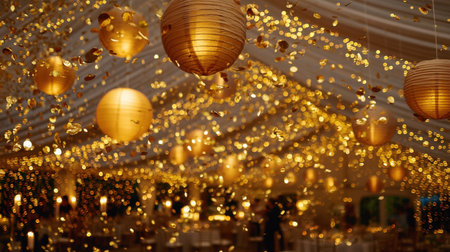 Beautifully decorated event space featuring glowing lanterns and magical fairy lights. The warm atmosphere creates an enchanting setting for any celebration.の素材