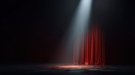 A striking stage scene featuring rich red curtains and a focused spotlight in a dark setting, ideal for themes of drama and performance.の素材