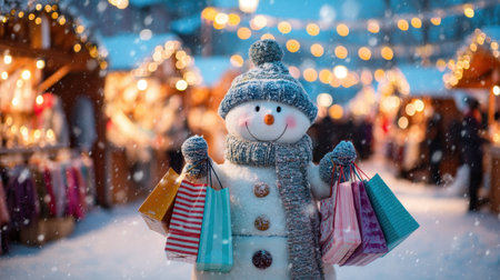 A cheerful snowman holding colorful shopping bags stands at a festive winter market, surrounded by twinkling lights and snowflakes, igniting holiday joy.の素材