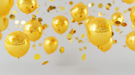 A stunning scene featuring bright golden balloons and shimmering confetti, perfect for celebration themes. Ideal for party invitations, decoration ideas, and joyful events.の素材