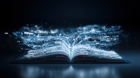 An artistic representation of an open book emitting vibrant data streams, symbolizing the fusion of knowledge and technology in a modern world.の素材