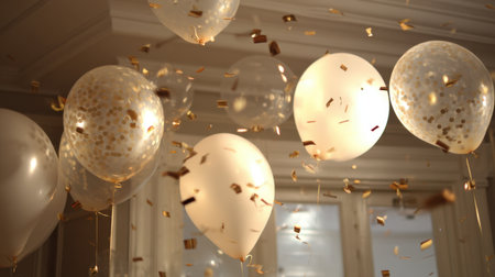 An enchanting festive scene featuring white balloons adorned with gold confetti. The atmosphere is lively and joyous, perfect for any celebration or special occasion.の素材