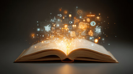 An enchanting open book radiates vibrant symbols of knowledge and creativity, embodying the magic of learning and the infinite possibilities of imagination.の素材
