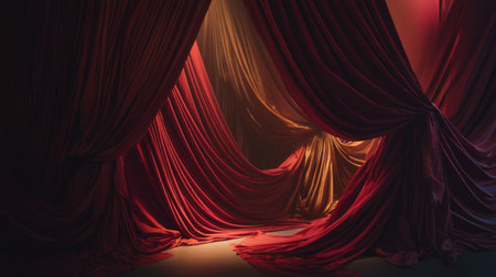 A stunning display of red and gold drapes creates a dramatic ambiance, perfect for photography or event design, showcasing rich textures and warm lighting.の素材