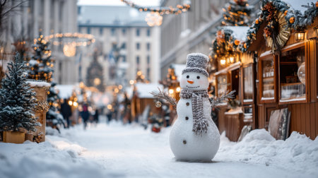 A charming snowman stands proudly in a picturesque winter market filled with festive decorations and twinkling lights, embodying holiday spirit and joy.の素材