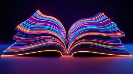 This stunning image features an open book radiating vibrant neon lights and colorful waves, symbolizing creativity and knowledge in a modern design.の素材