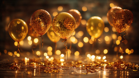Colorful gold balloons stand elegantly against a backdrop of glowing lights, creating a festive atmosphere perfect for any celebration or special event.の素材