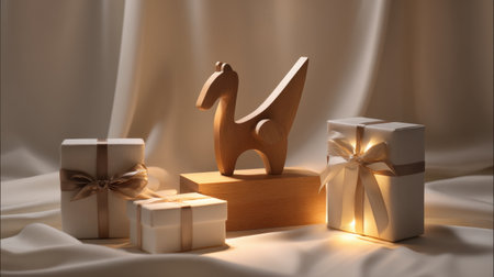 A charming wooden toy figure stands elegantly atop a block, surrounded by beautifully wrapped gift boxes. This serene composition evokes warmth and festive cheer, perfect for seasonal celebrations.の素材