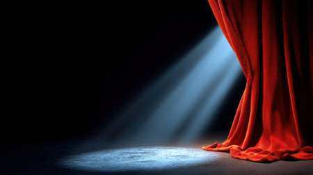 A striking image featuring a dramatic red curtain illuminated by soft stage light, set against a dark background. Perfect for themes of performance and theatrical art.の素材
