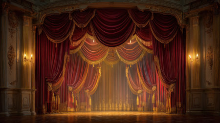 A stunning theatrical stage featuring rich red curtains adorned with golden accents, creating a dramatic ambiance, perfect for performances and artistic displays.の素材