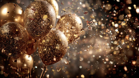 An enchanting scene featuring golden balloons surrounded by shimmering confetti, perfect for celebrations, parties, and joyful occasions, bringing a luxurious festive atmosphere.の素材