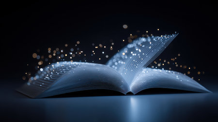 An artistic representation of an open book emitting sparkling lights and magical energy, perfect for illustrating concepts of creativity, knowledge, and imagination.の素材