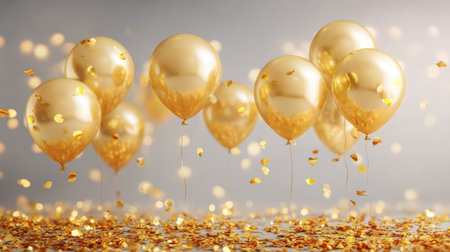 A stunning arrangement of golden balloons surrounded by shimmering confetti, perfect for celebrations and festive events, bringing joy and elegance to any occasion.の素材
