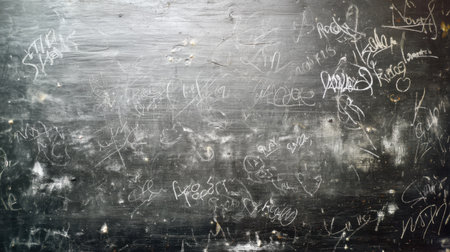 A close-up view of a scratched black chalkboard, full of unique markings and inscriptions. This textured background offers a glimpse into memories and stories shared in various settings.の素材