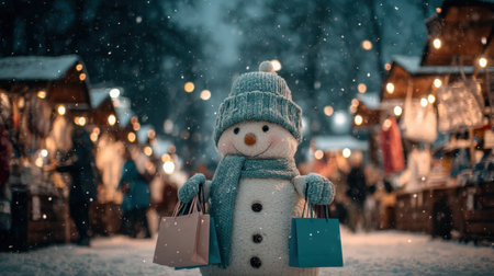 A cheerful snowman holds shopping bags amidst a festive winter market. Snowflakes fall gently as warm lights illuminate wooden stalls, creating a magical atmosphere.の素材