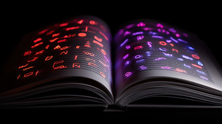 An open book reveals an enchanting display of glowing symbols and text in a dark setting, representing the fusion of knowledge and imagination in art.の素材