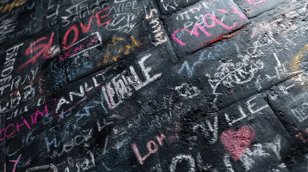 Detailed view of an urban graffiti wall filled with colorful words and phrases. This vibrant artwork showcases creativity and self-expression through diverse messages and playful designs.の素材