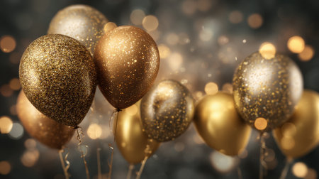 A beautiful arrangement of shimmering gold and silver balloons creates an elegant backdrop, perfect for celebrations like birthdays or anniversaries.の素材