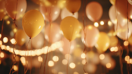 A vibrant scene of colorful balloons hanging gracefully with twinkling lights, creating a joyful atmosphere perfect for celebrations or festive events.の素材