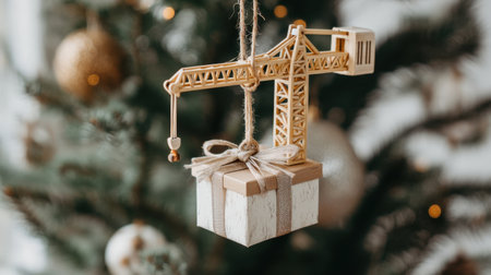 A charming wooden crane ornament hangs from a Christmas tree, with a beautifully wrapped gift box below. This unique decoration adds festive cheer and symbolizes creativity.の素材