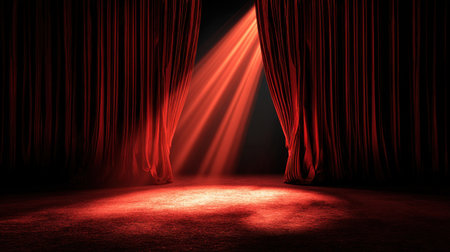 A stunning visual of red stage curtains parted to reveal a spotlight shining on an empty space. Perfect for themes of performance, drama, and illumination.の素材
