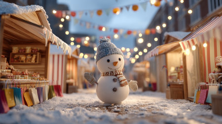 A cheerful snowman stands in a winter holiday market, surrounded by festive decorations and twinkling lights, capturing the spirit of seasonal joy.の素材