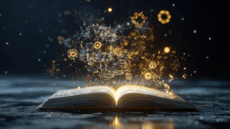 An enchanting open book radiates glowing particles and ideas. This visual representation symbolizes creativity, imagination, and the transformative power of knowledge in a mystical setting.の素材