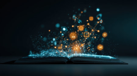 An enchanting visual of an open book releasing vibrant digital icons, representing creativity and knowledge. Perfect for themes of education and technology.の素材